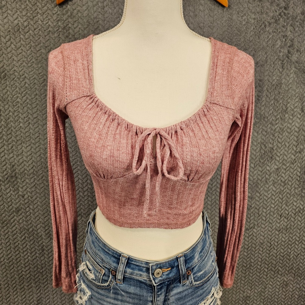 Aeropostale Womens Dusty Rose Pointelle Ribbed Tie Front Long Sleeve Crop Top XS